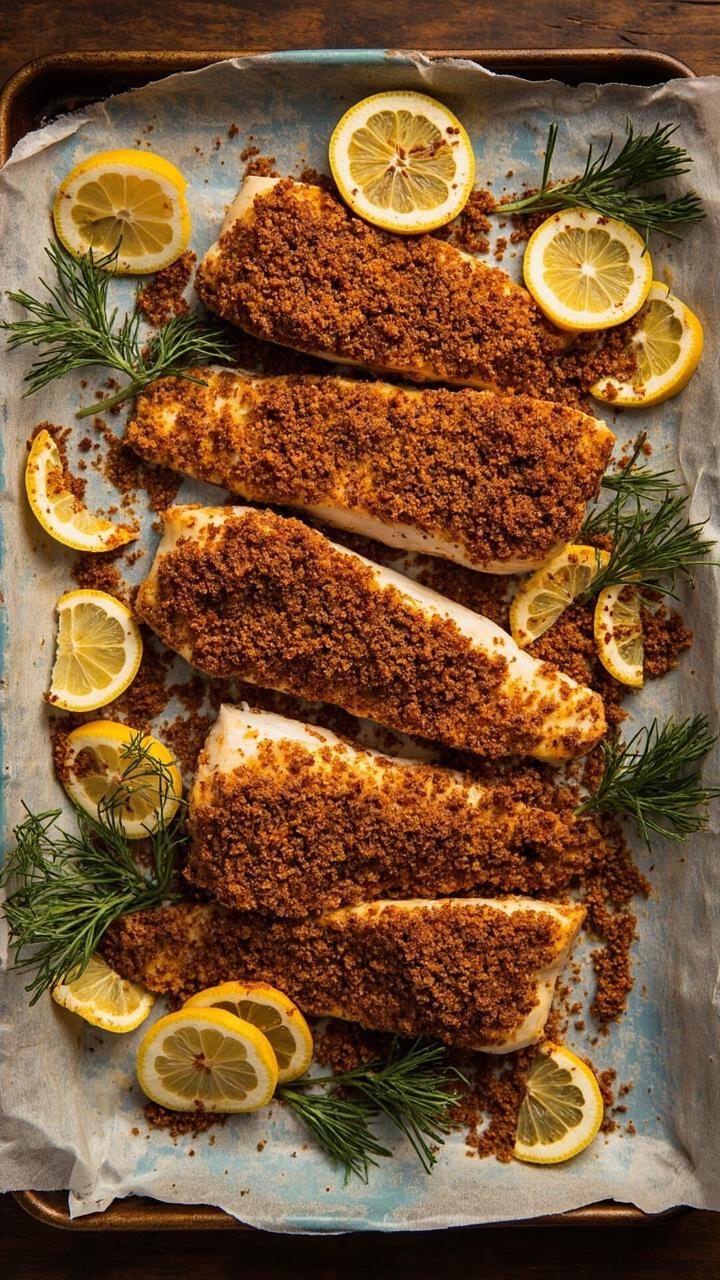 A baking sheet lined with parchment paper, four fillets of catfish with deep spice crust, garnished with lemon slices and fresh dill, on a simple blue plate.