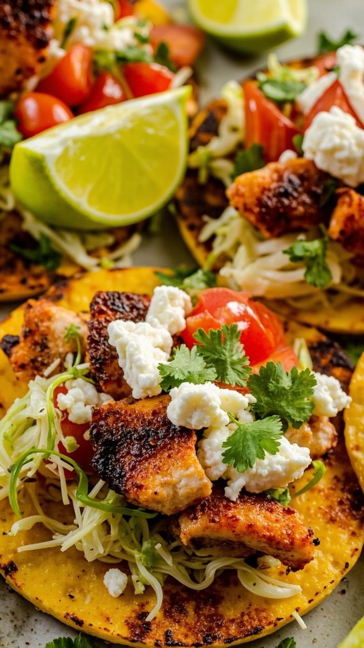 Round corn tostadas topped with chunky pieces of blackened catfish, shredded lettuce, diced tomatoes, Cotija cheese, and a handful of chopped cilantro. A lime wedge sits nearby.