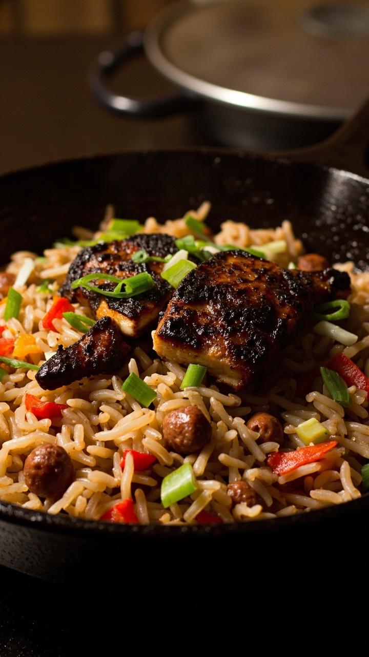 A black cast-iron skillet filled with fluffy dirty rice flecked with sausage and peppers, topped with dark-crusted blackened catfish fillets and a scatter of sliced scallions.