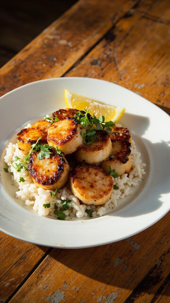 A white ceramic plate stacked with golden-brown, seared Cajun scallops, sprinkled with fresh parsley, set beside a lemon wedge and a small mound of fluffy white rice, all on a rustic wooden table.
