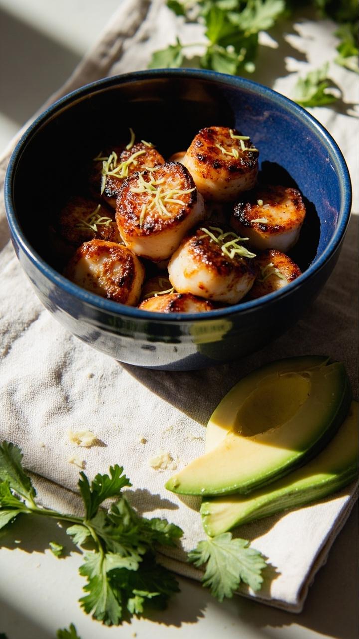 A blue bowl filled with chipotle blackened scallops, glossy from the skillet, topped with lime zest, and set next to a small pile of sliced avocado and cilantro on a pale linen napkin.
