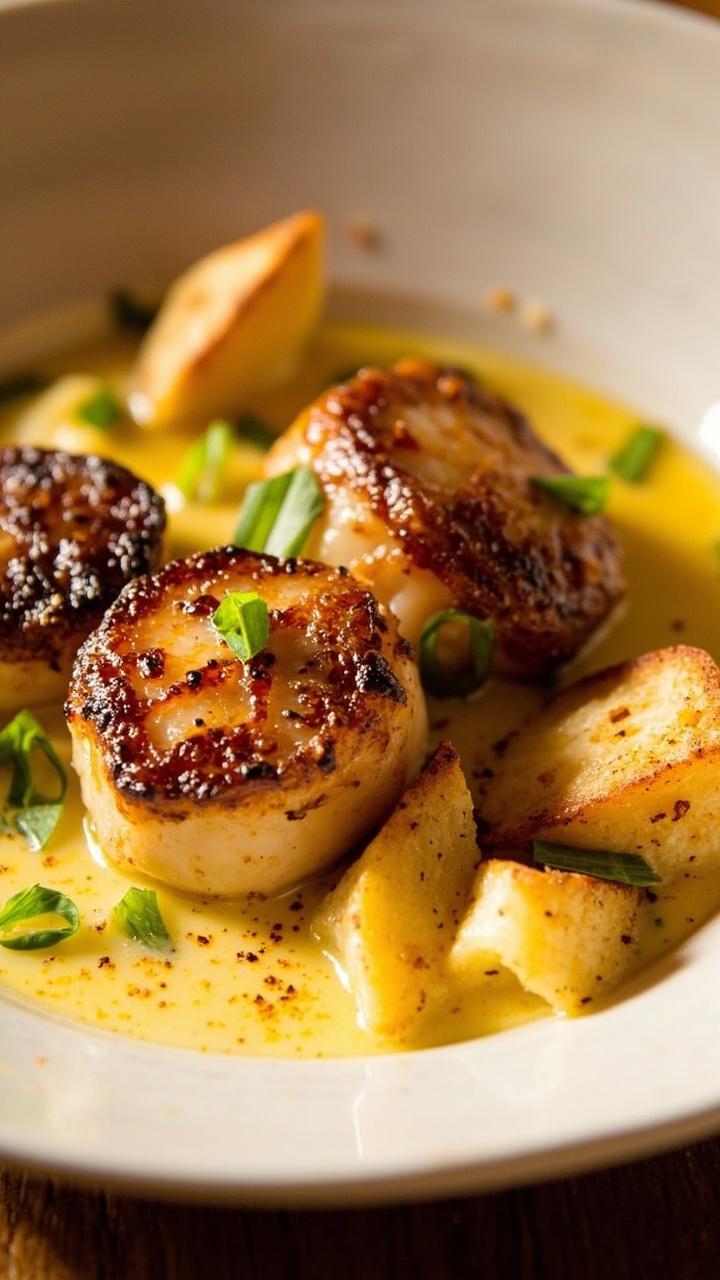 Blackened scallops arranged in a shallow white bowl, gleaming with lemon garlic butter, surrounded by pieces of toasted baguette and sprinkled with fresh chives.