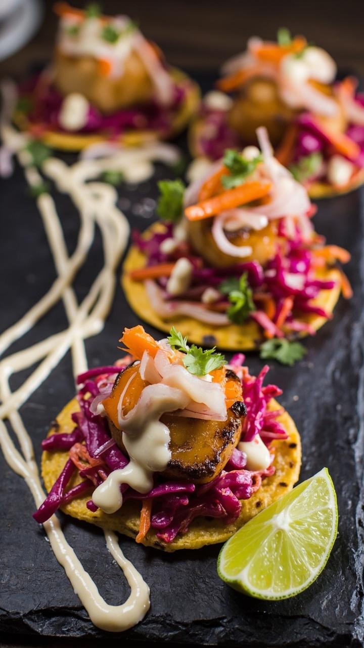 Open-faced corn tortillas loaded with blackened scallops, topped with colorful red cabbage slaw, radish slices, and a drizzle of creamy sauce, on a slate board with a wedge of lime.