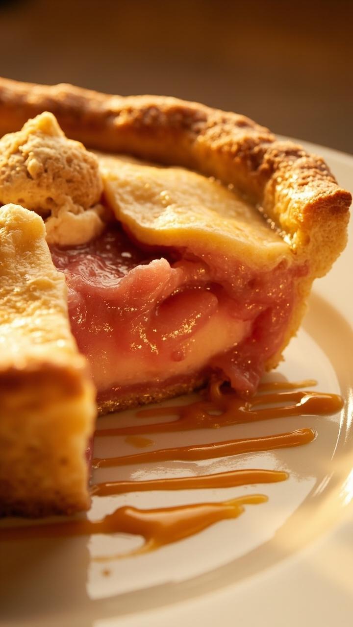 A golden-brown double-crust pie, bubbling with a rosy filling that peeks through steam vents. Slices are fanned out on a white plate, next to caramel drizzle and a scoop of melting vanilla ice cream.