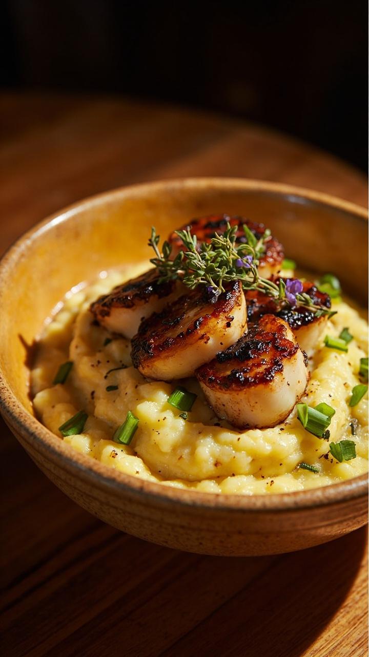 Creamy pale-yellow grits mounded in a wide bowl with blackened, crispy-edged scallops on top, dusted with chopped scallions and a sprig of thyme.