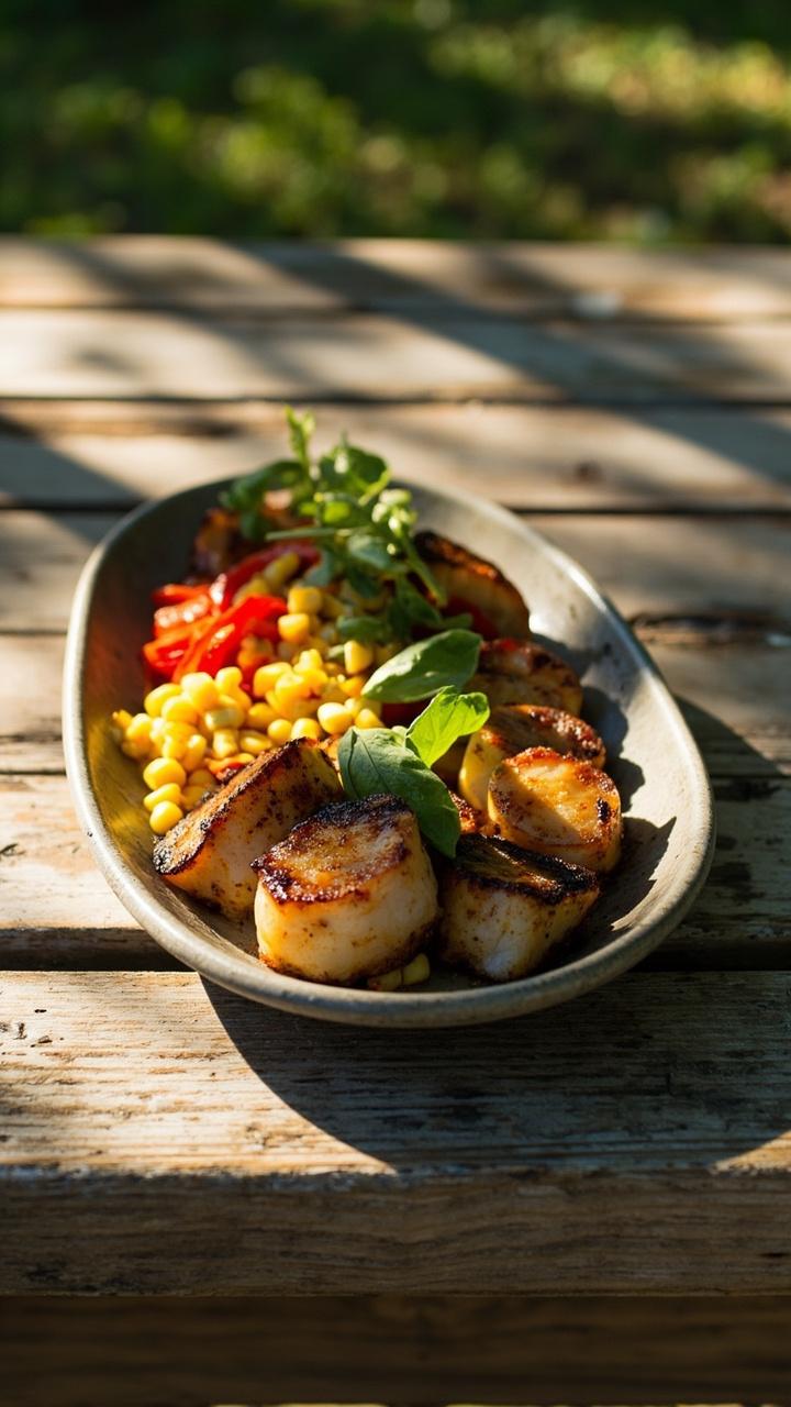 A shallow serving platter with blackened scallops nestled alongside a colorful corn and red pepper salad, garnished with basil, set on a backyard picnic table.