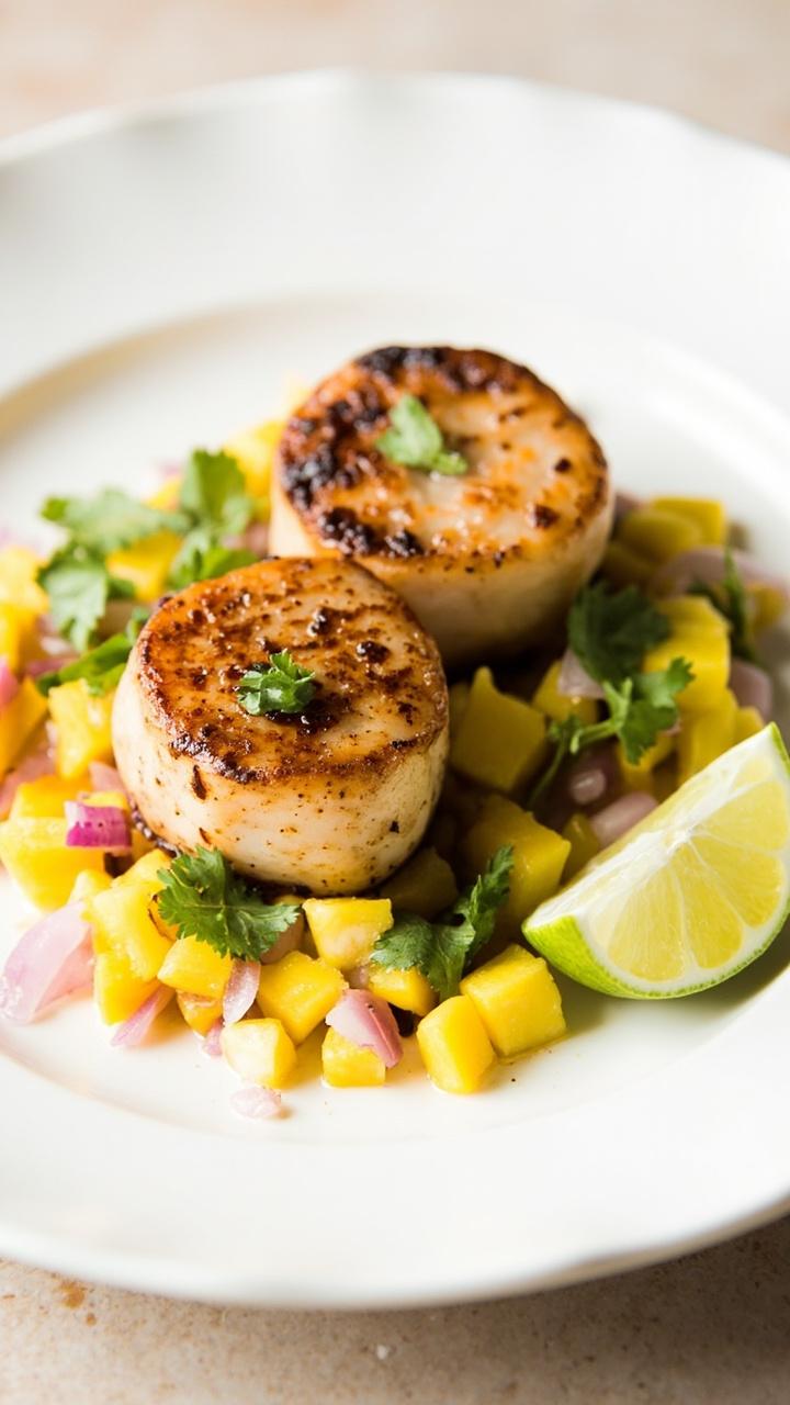 A round white plate with blackened scallops set on a bed of diced mango salsa, with red onion, chili, and cilantro peeking through, finished with lime wedges on the side.