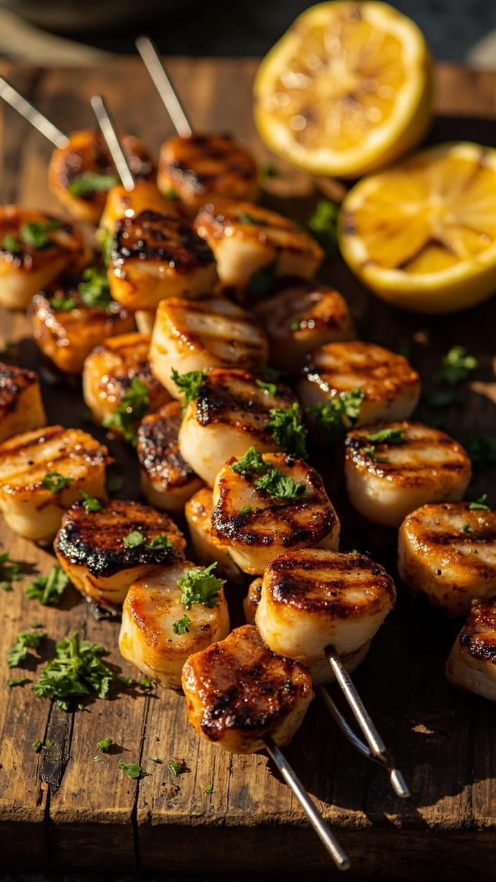 Metal skewers threaded with blackened scallops, grill marks visible, sprinkled with chopped parsley, and served atop a wooden board next to grilled lemon halves.