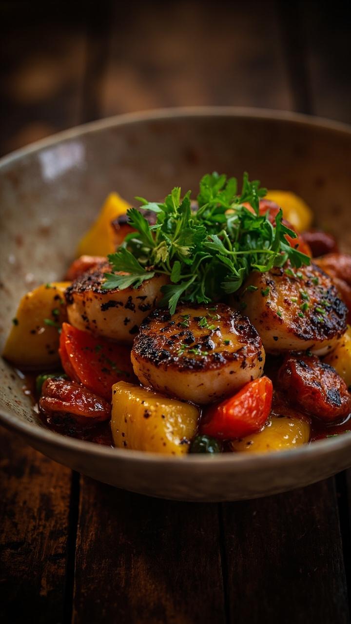 A ceramic bowl filled with seared blackened scallops, sliced sautéed chorizo, roasted red and yellow bell peppers, and a scatter of fresh parsley.