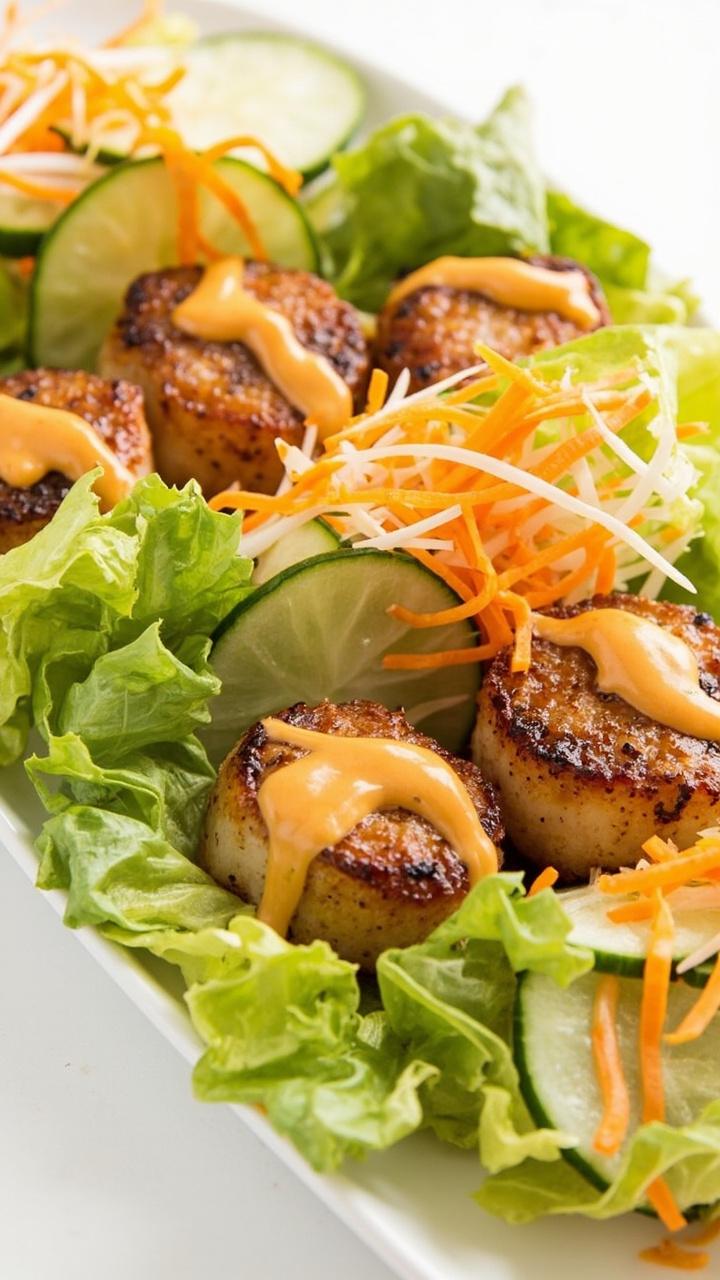 Large romaine leaves filled with three blackened scallops each, topped with shredded carrots, thin cucumber, and a little sriracha mayo drizzle, arranged on a platter.