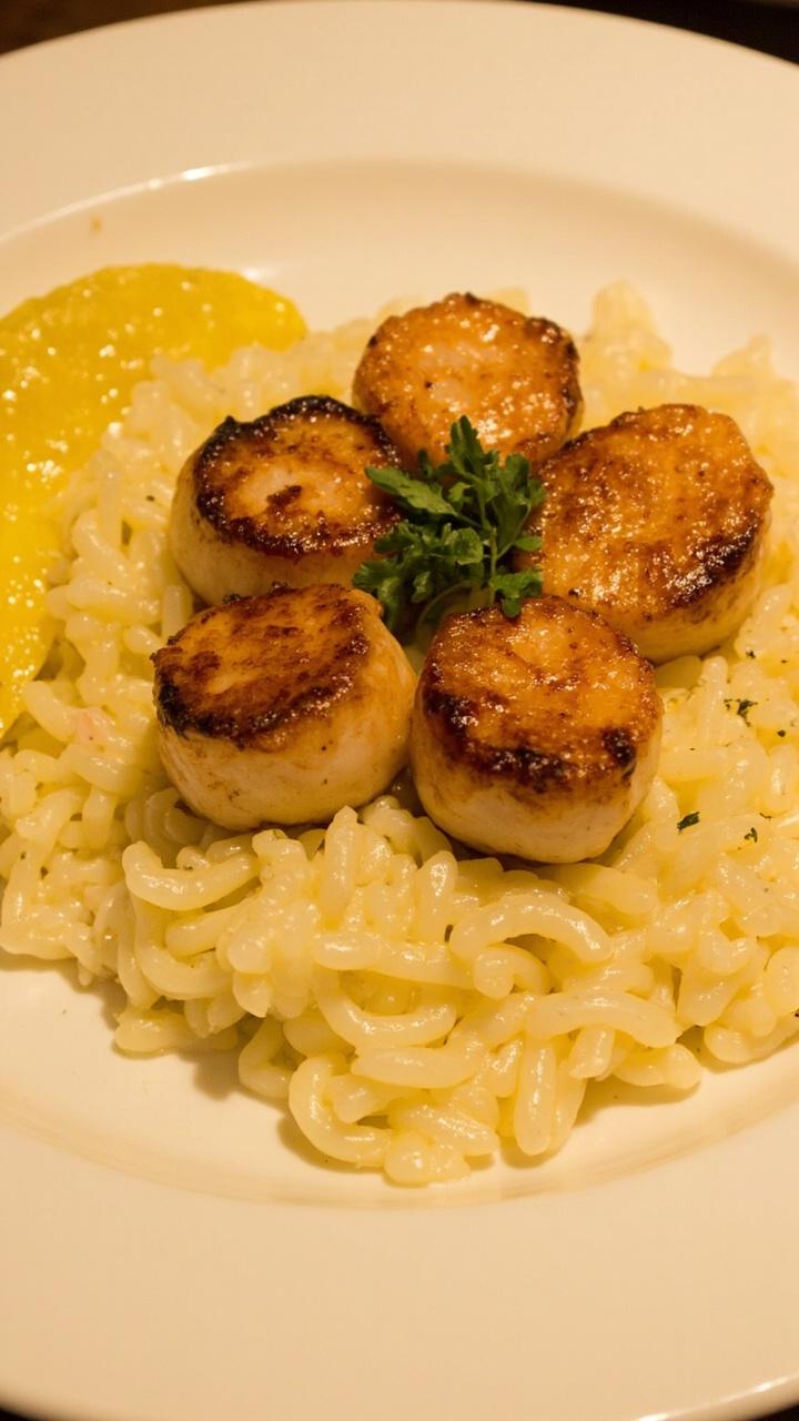 Creamy white risotto topped with a fan of six golden blackened scallops, a sprinkle of fresh parsley, and a lemon wedge on a simple white dinner plate.