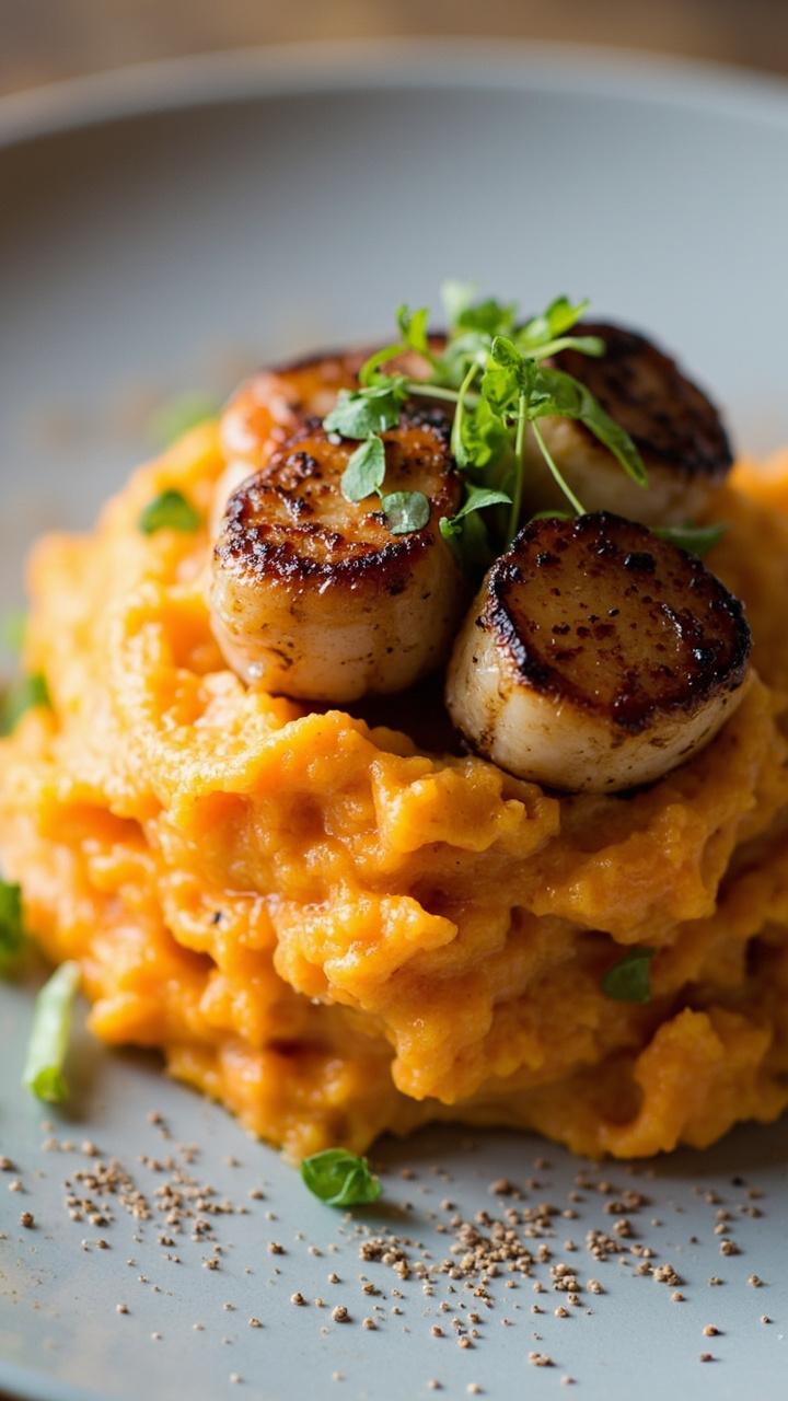 Mounds of vibrant orange sweet potato mash on a pale gray plate, topped with blackened scallops, a sprinkle of green onion, and a final dusting of black pepper.