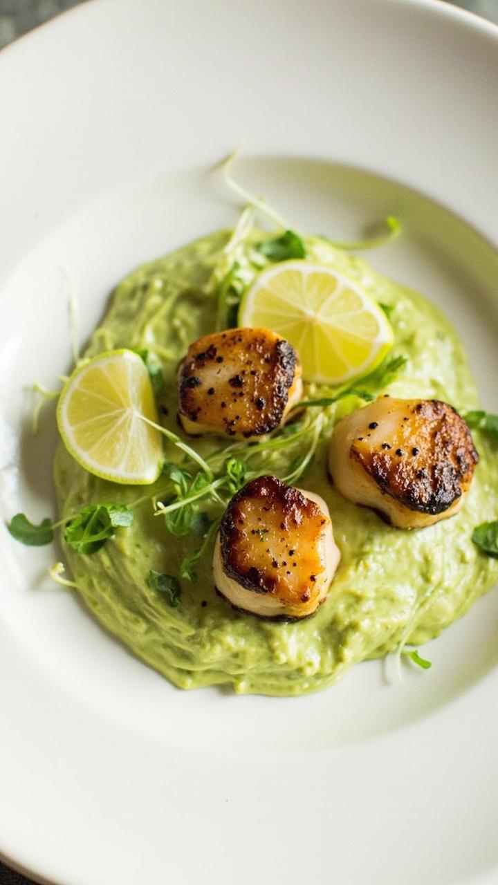 A round plate with a generous smear of pale green avocado crema, topped with seared blackened scallops, garnished with microgreens and lime wedges.