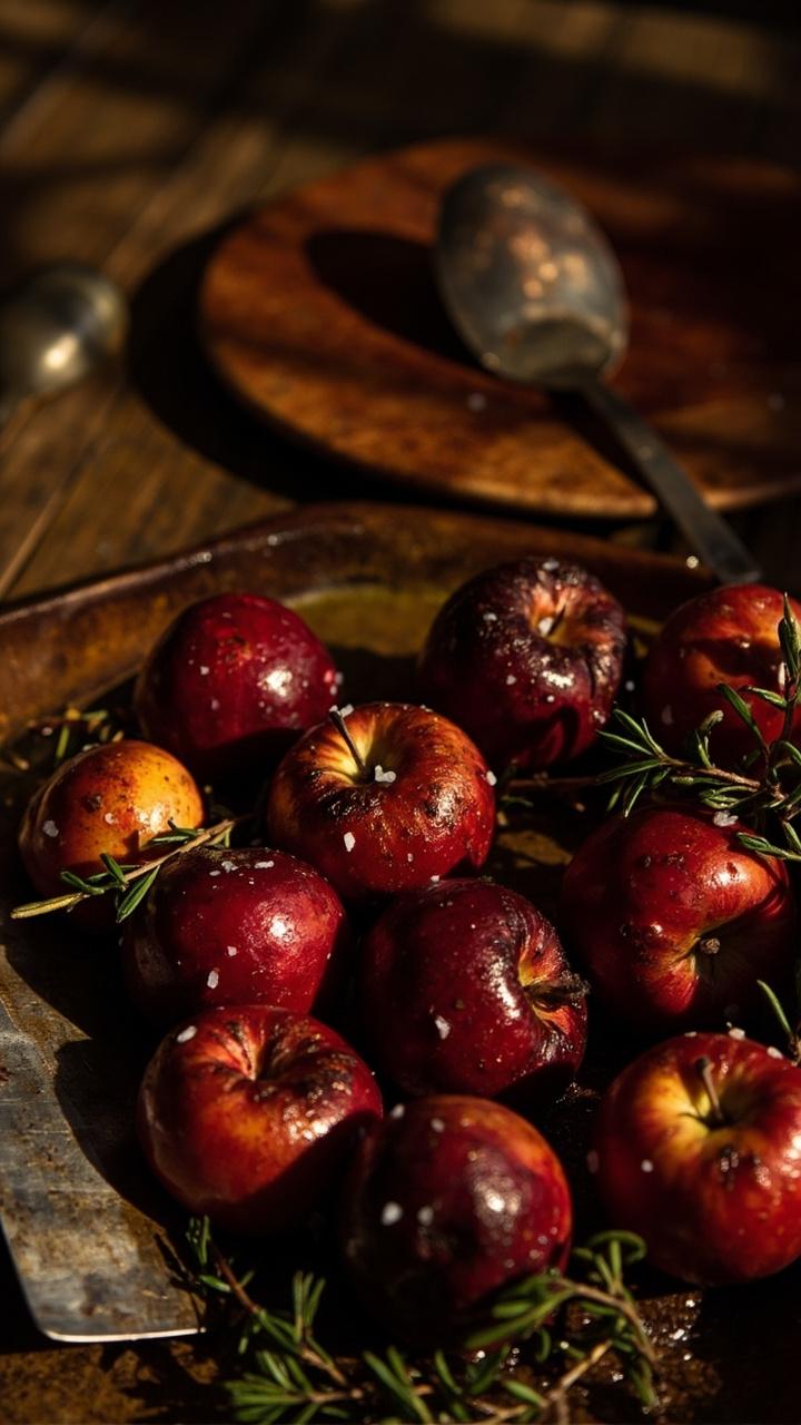 A baking tray scattered with glossy, caramelized crab apples, their skins slightly blistered, sprinkled with sea salt and sprigs of thyme. A metal spatula nearby, with roasted apples tumbled onto a rustic wooden plate.