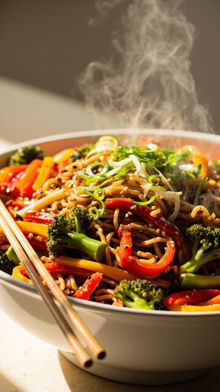 A generous white dinner bowl piled high with Maruchan ramen noodles tossed with colorful stir-fried bell peppers, broccoli florets, carrots, and snap peas. Everything glistens with soy sauce, and it’s topped with a sprinkle of sesame seeds and sliced green onions. Chopsticks are laid across the side of the bowl.