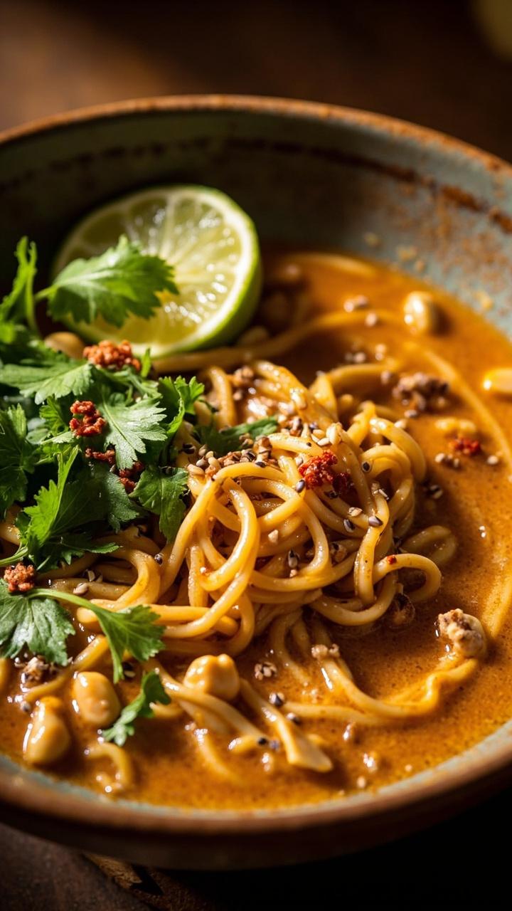 A deep ceramic bowl with creamy, peanut-sauced ramen noodles swimming in a light orange broth, topped with chopped roasted peanuts, cilantro, and a lime wedge tucked on the rim. The surface is dotted with red chili flakes and sesame seeds.