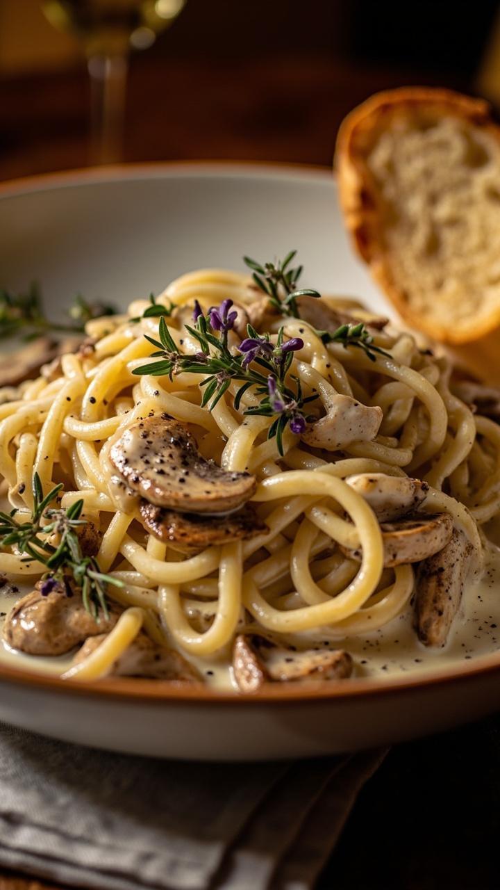 A wide shallow bowl with noodles swirled in a silky, white sauce filled with chunks of tender chicken and sautéed mushrooms. Garnished with fresh thyme and black pepper, with a piece of crusty bread on the side.