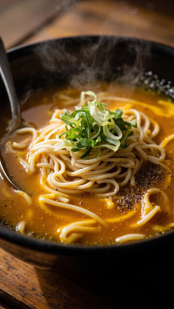 A steamy deep bowl with soft-cooked ramen noodles in a clear, golden broth swirled with silky egg ribbons. Scattered on top are sliced green onions and a crack of black pepper. A spoon rests in the bowl.