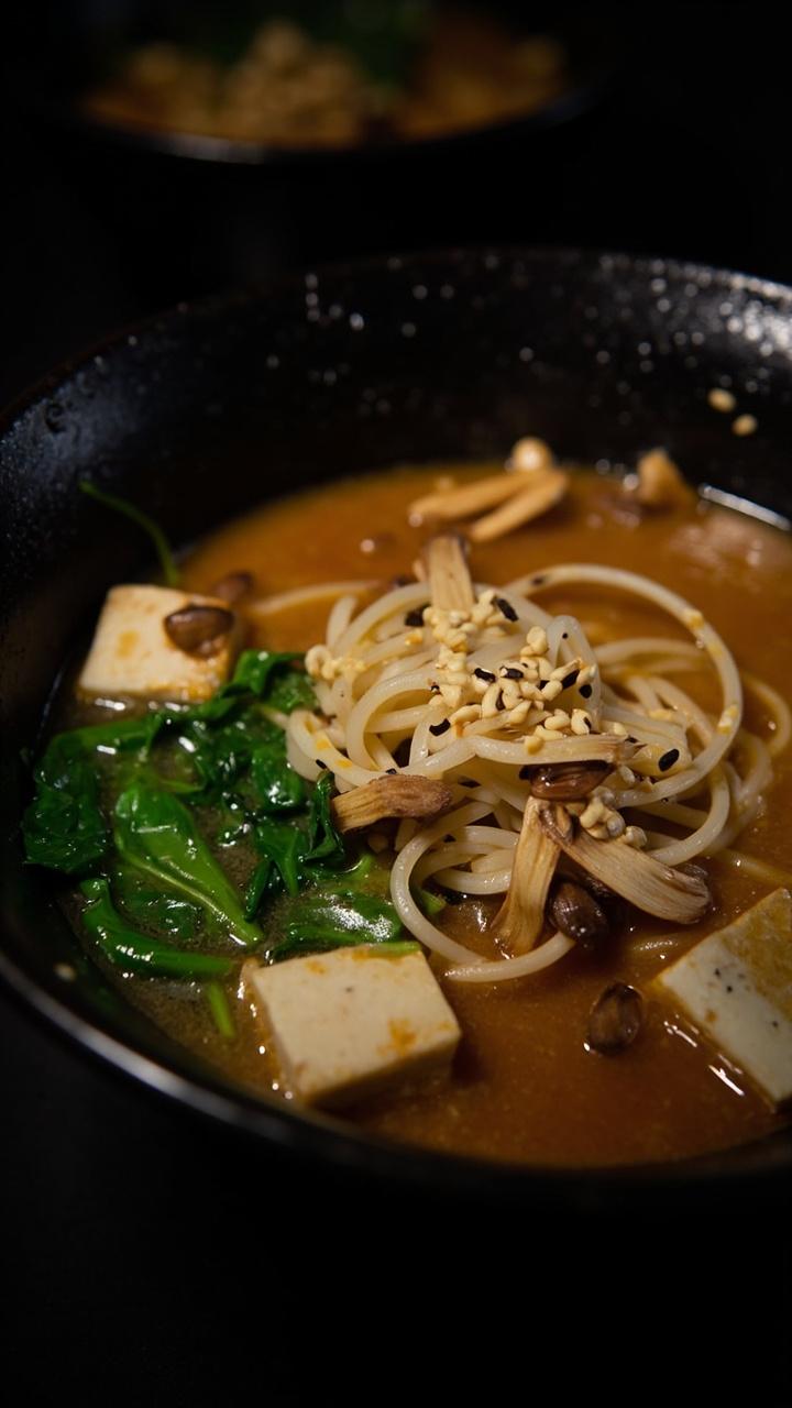 A black bowl filled with a steaming light-tan miso broth, cubes of silken tofu nestled among ramen noodles, bright green spinach leaves, enoki mushrooms, and a sprinkle of toasted sesame seeds on top.