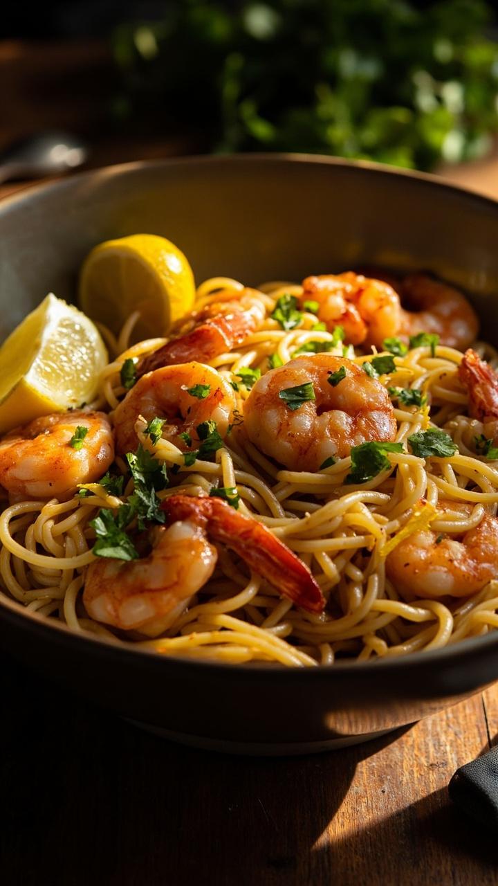 A wide, shallow bowl of ramen noodles swirling in a glossy garlic-butter sauce, studded with pink, pan-seared shrimp. Fresh chopped parsley and lemon zest are scattered over the top, with a wedge of lemon on the side.