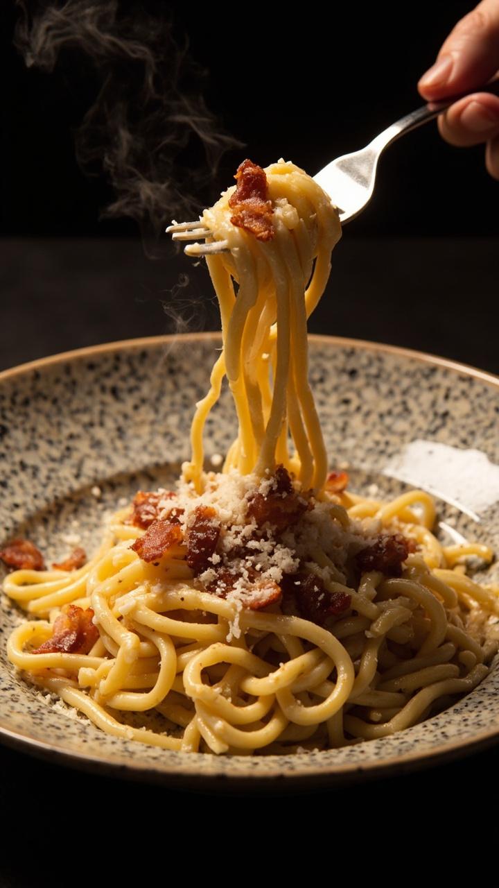 A speckled ceramic plate with ramen noodles glistening in a creamy, pale yellow carbonara sauce, bits of crispy bacon sprinkled over, and a shower of grated Parmesan. A fork twirls a nest of noodles in the center.
