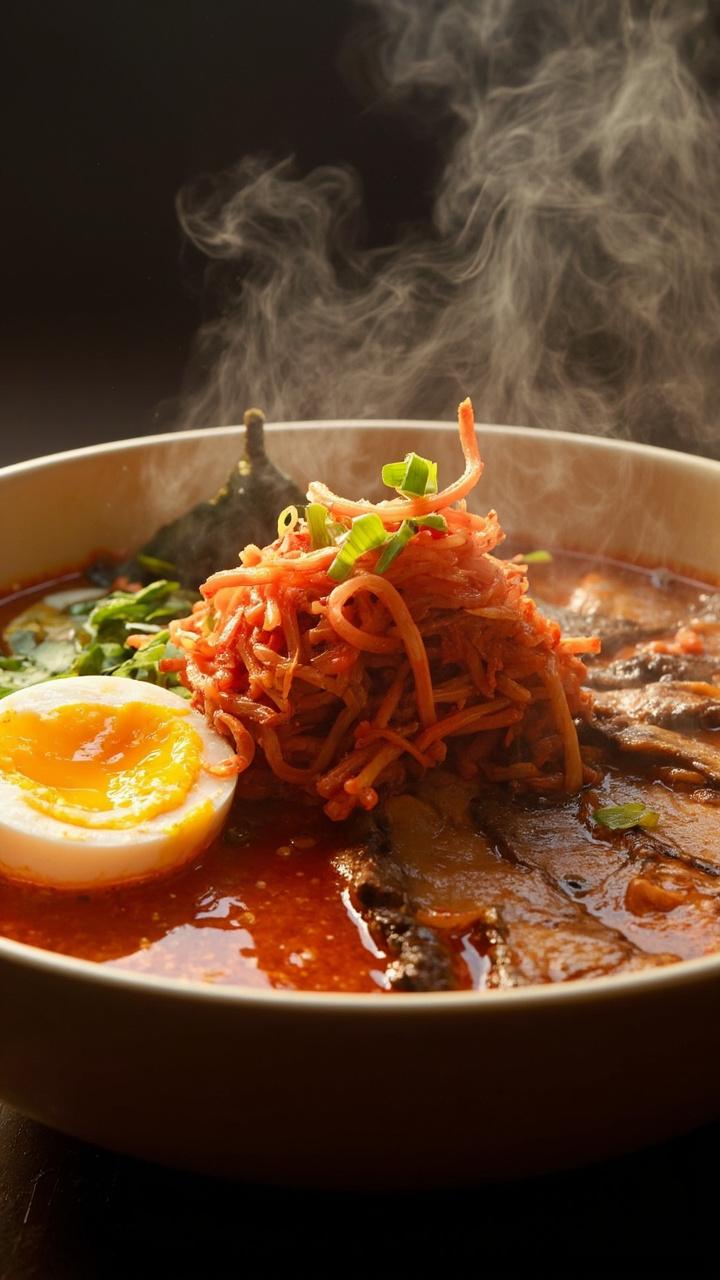 A deep bowl with ramen in spicy red-orange broth, topped with thin slices of beef, a mound of chopped kimchi, and scattered green onion rounds. The dish is finished with a soft-boiled egg sliced in half.