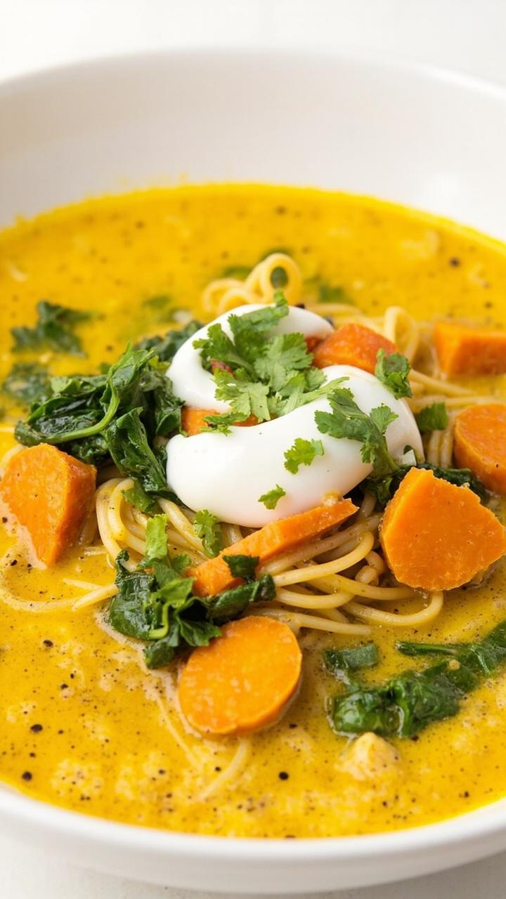 A white soup bowl with yellow curry broth, ramen noodles, carrots, sweet potato cubes, and baby spinach. Finished with a swirl of coconut milk and fresh cilantro leaves on top.