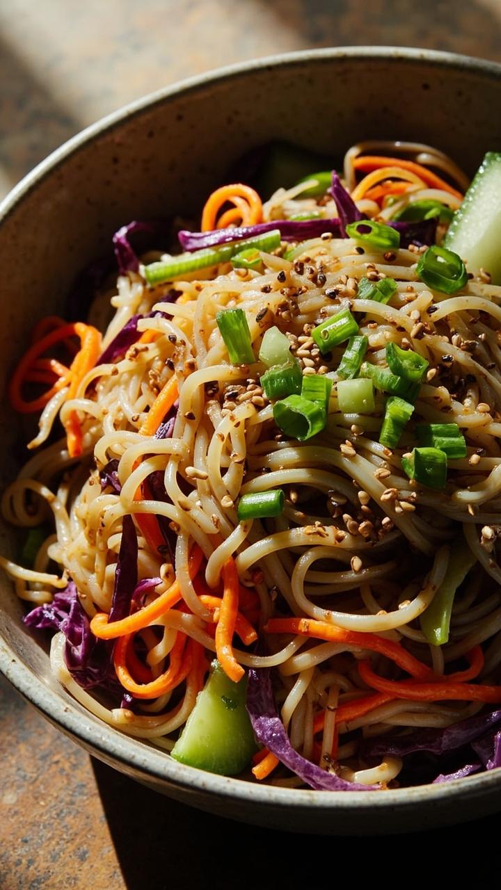 A large bowl of chilled ramen noodles tossed with shredded carrots, sliced cucumber, red cabbage, and edamame, all glossy with a sesame-soy vinaigrette. Sprinkled with sesame seeds and extra green onion.