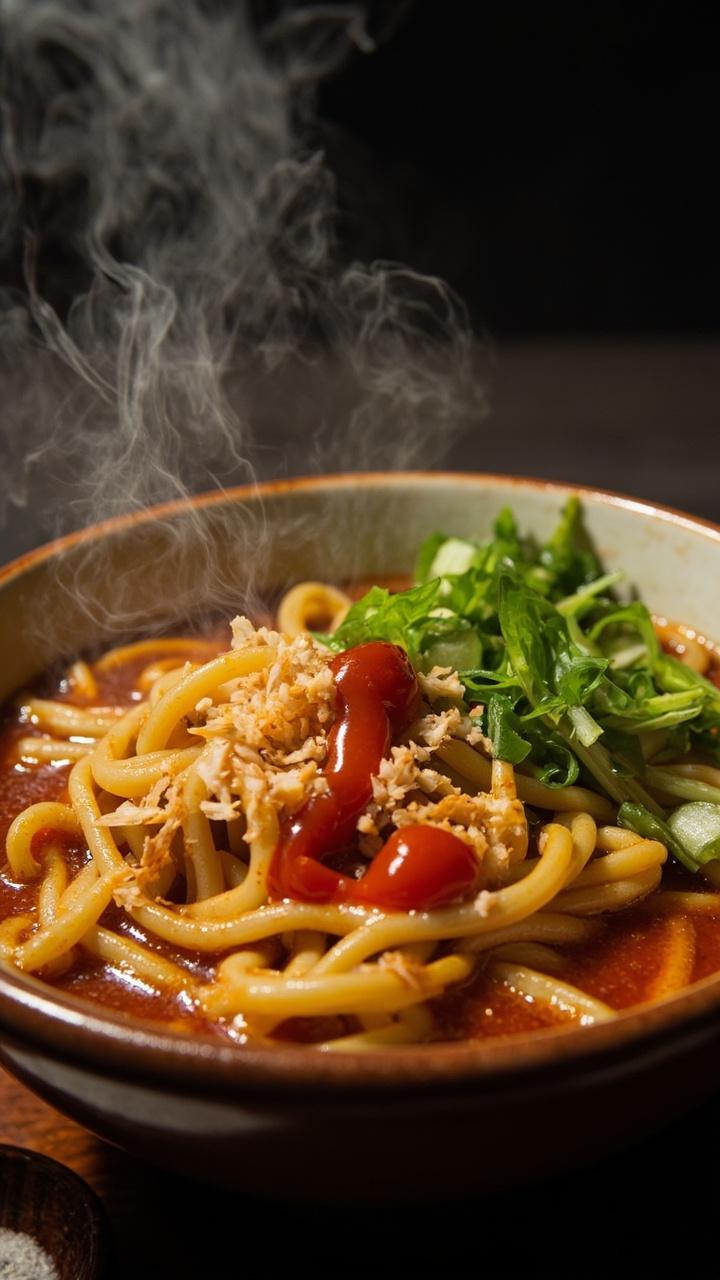 A ramen bowl with steaming, slightly reddish broth, curls of ramen noodles peeking out, scattered with minced garlic, bright green sliced scallions, and a swirl of sriracha over the top.