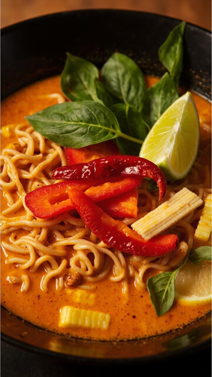 A wide soup bowl with ramen noodles in a creamy coconut milk and red curry broth, topped with sliced red bell pepper, baby corn, and a handful of fresh Thai basil. A lime wedge and sliced red chili rest on the rim.