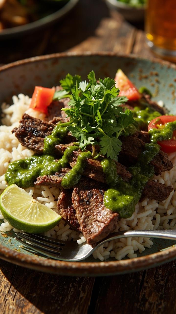 A wide, shallow bowl of steamed white rice topped with thinly sliced steak, drizzled generously with bright green chimichurri. Sprigs of cilantro and diced tomatoes are scattered over, with lime wedges and a fork tucked at the side, all set on a rustic wooden table.