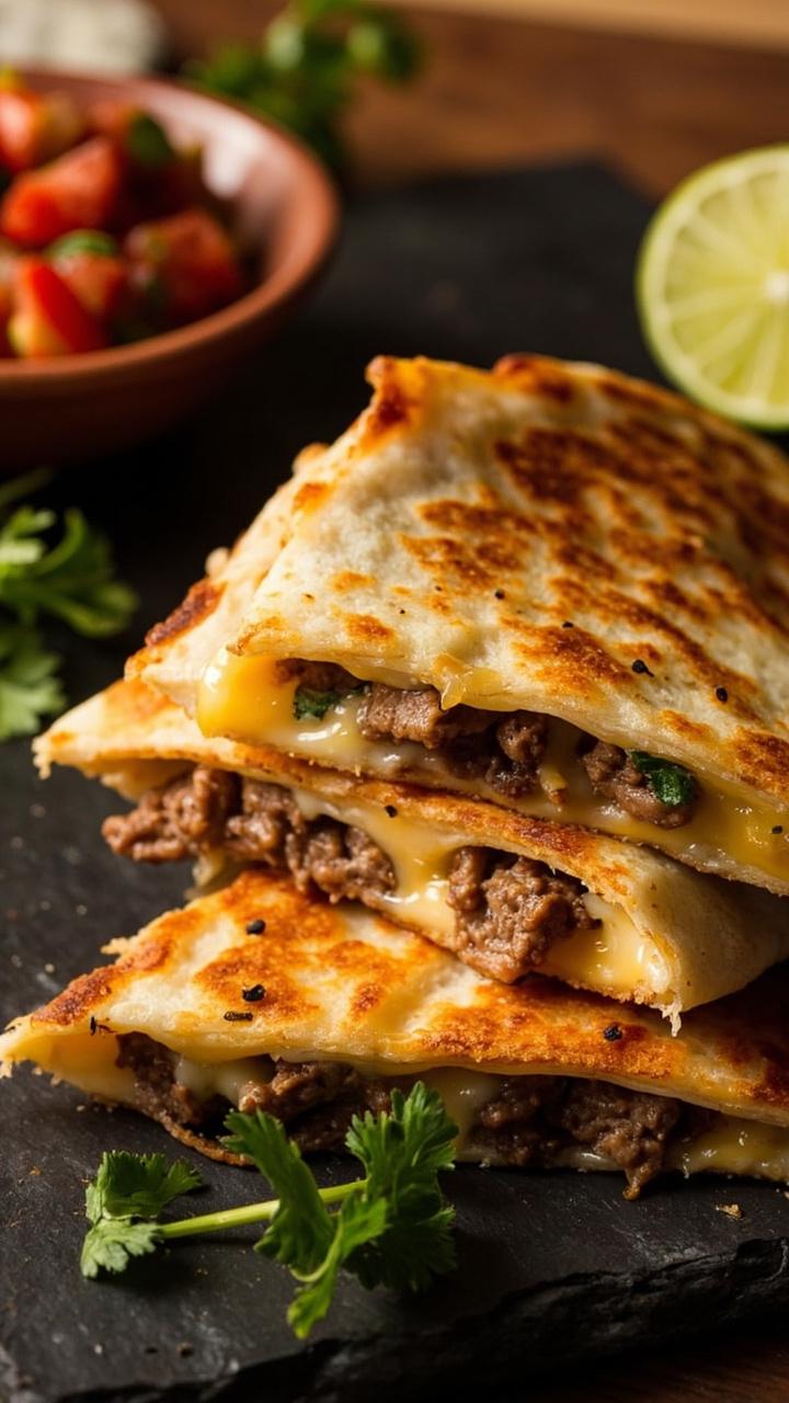 Golden, crispy quesadilla wedges spilling with melted cheese and bits of steak, stacked casually on a slate serving board. A bowl of chunky salsa and some fresh cilantro are set beside them, with a lime cut in half.