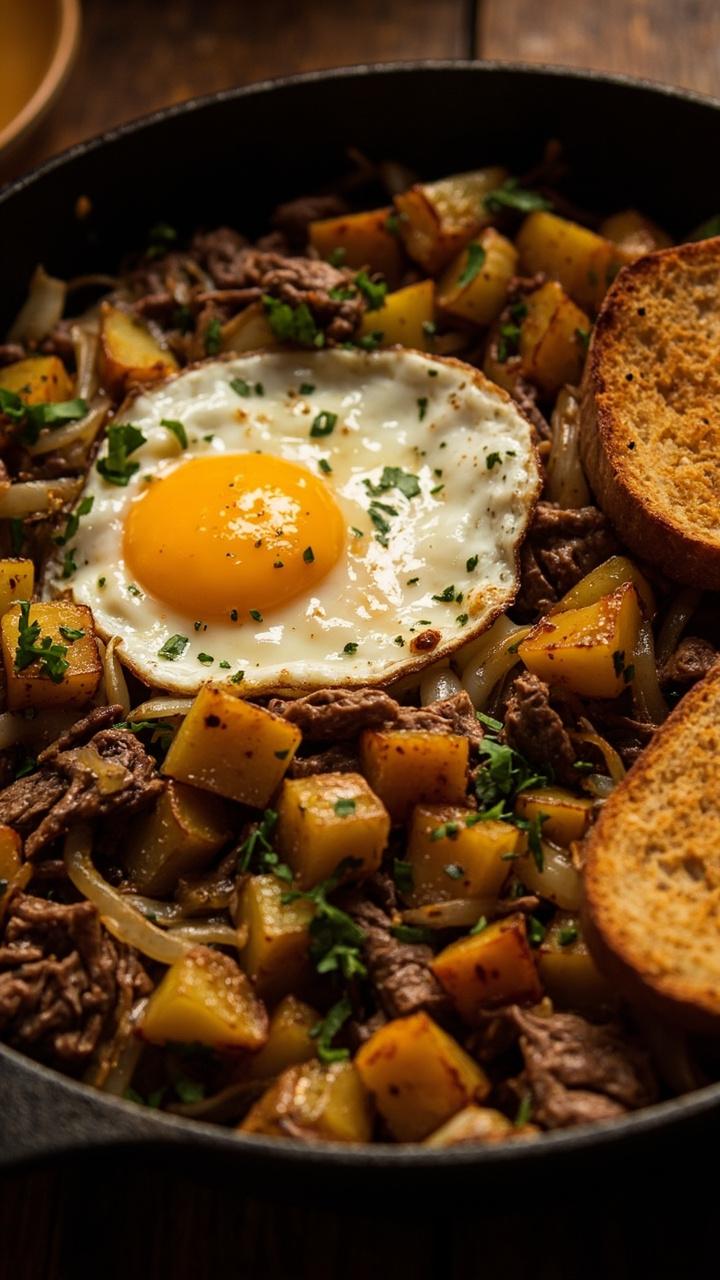 A skillet crowded with golden potato cubes, caramelized onions, and browned steak chunks, dotted with chopped parsley. A fried egg with a runny yolk sits in the center, and a slice of toast rests on the side.