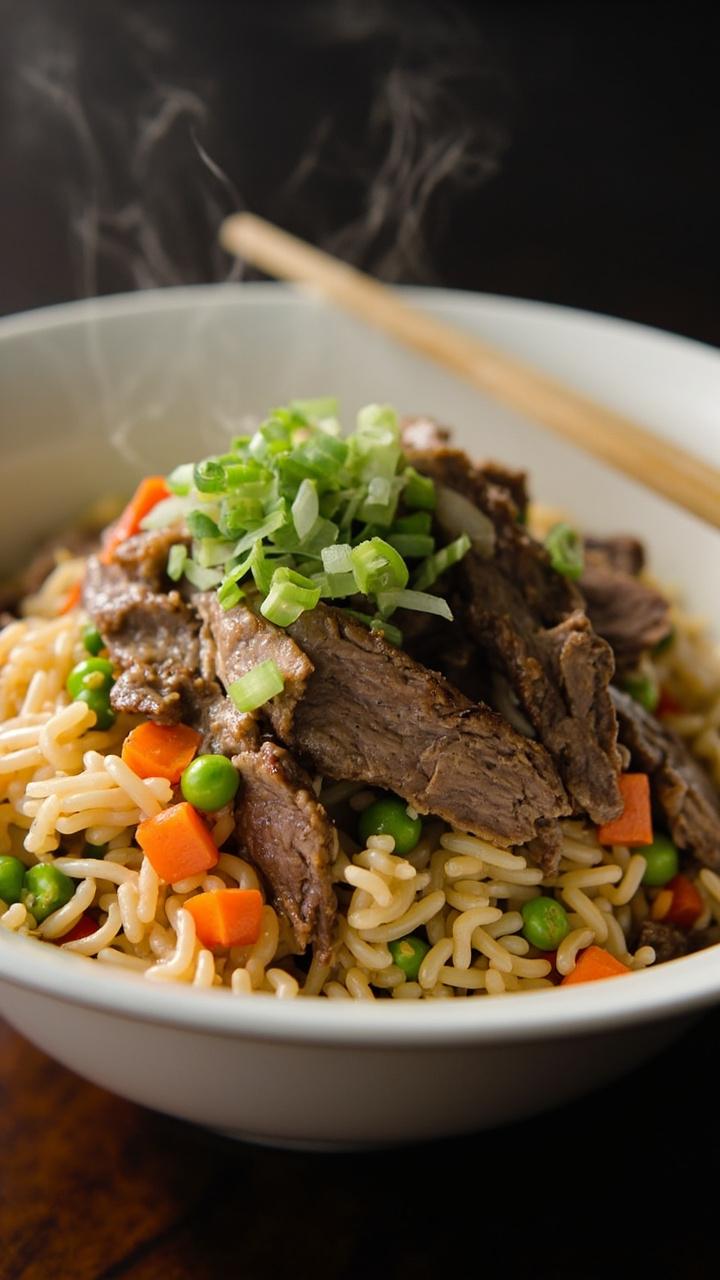 A wide, shallow bowl filled with fluffy fried rice speckled with colorful diced carrots, peas, and steak strips. Sliced scallions are sprinkled on top, and a pair of chopsticks rests across the rim.