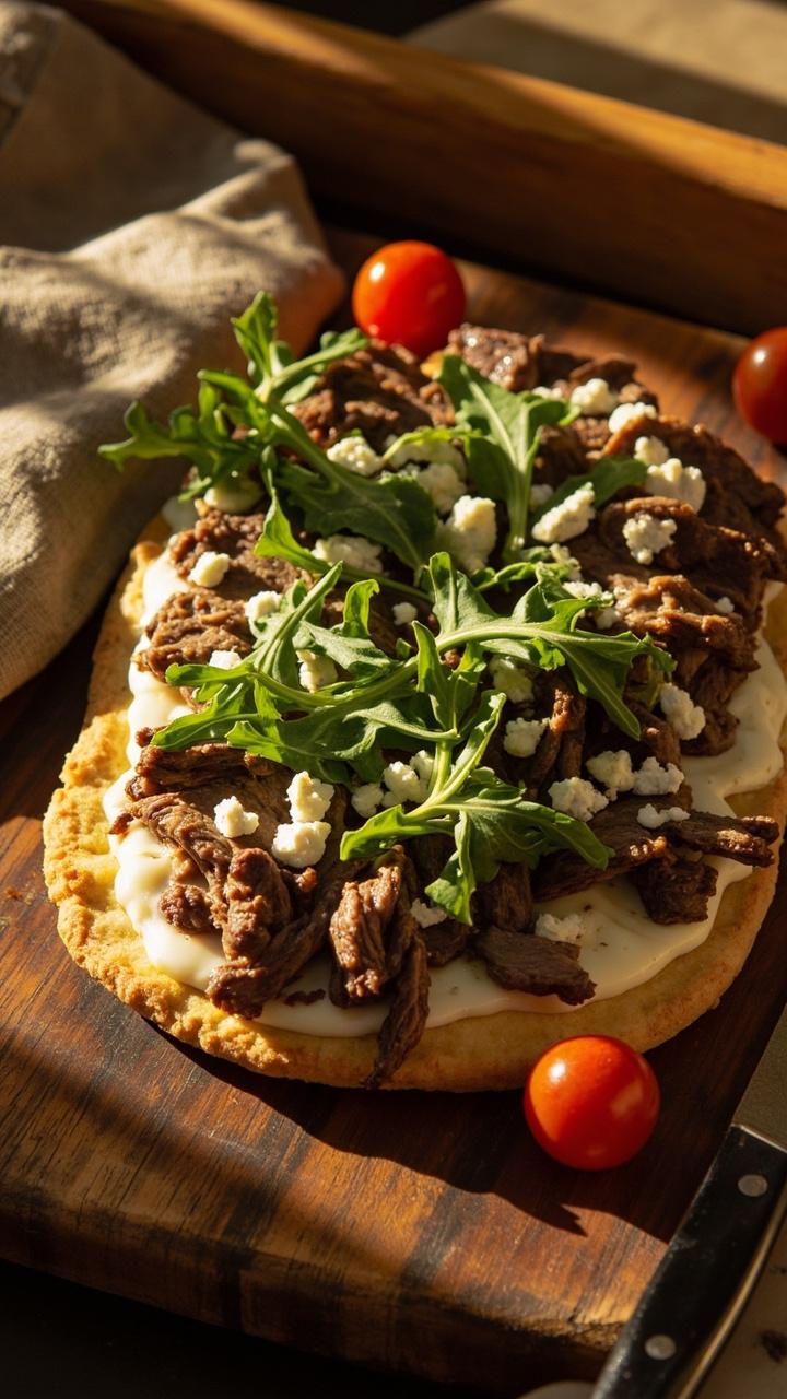 A golden flatbread on a wooden board, layered with slices of steak, melted mozzarella, and sprinkled with blue cheese crumbles. Arugula leaves are scattered over. The board is surrounded by a few cherry tomatoes and a rustic linen napkin.