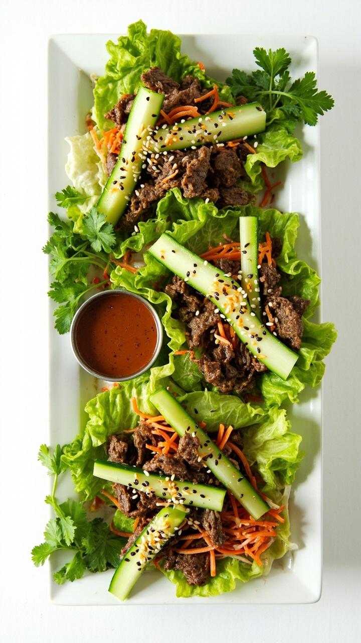 A white platter with bright green butter lettuce leaves filled with steak strips, shredded carrots, cucumber matchsticks, and a sprinkle of sesame seeds. A small dish of dipping sauce sits to the side, with fresh cilantro leaves as garnish.