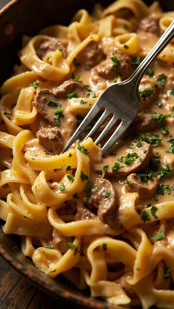 A wide, shallow bowl of buttery egg noodles smothered in a creamy, mushroom-rich sauce with generous chunks of steak. Some chopped fresh parsley is sprinkled on top, a fork resting in the bowl.