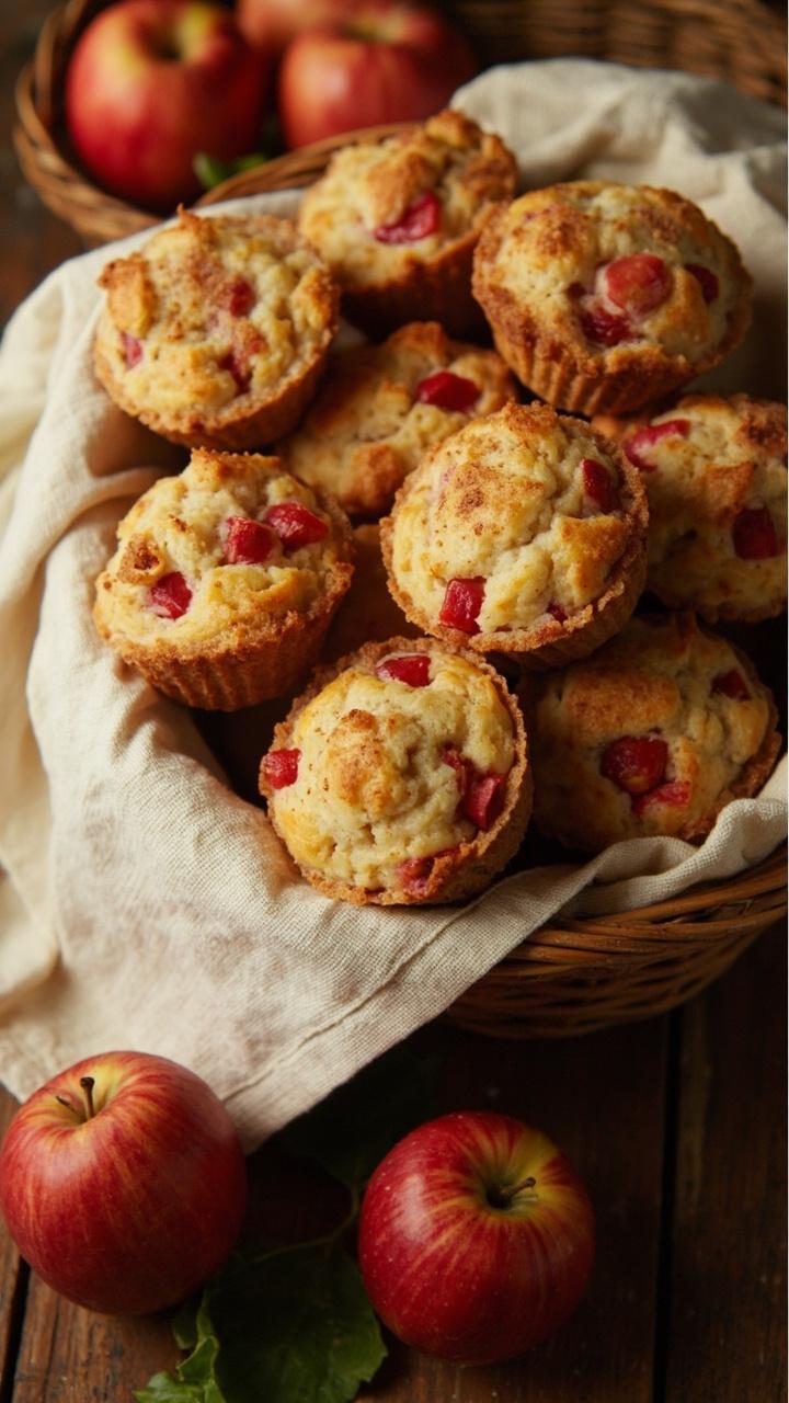 A basket lined with linen, filled with golden, domed muffins. Each muffin shows diced bits of red crab apple throughout, with a sprinkle of cinnamon sugar on top and a few crab apples scattered beside the basket.