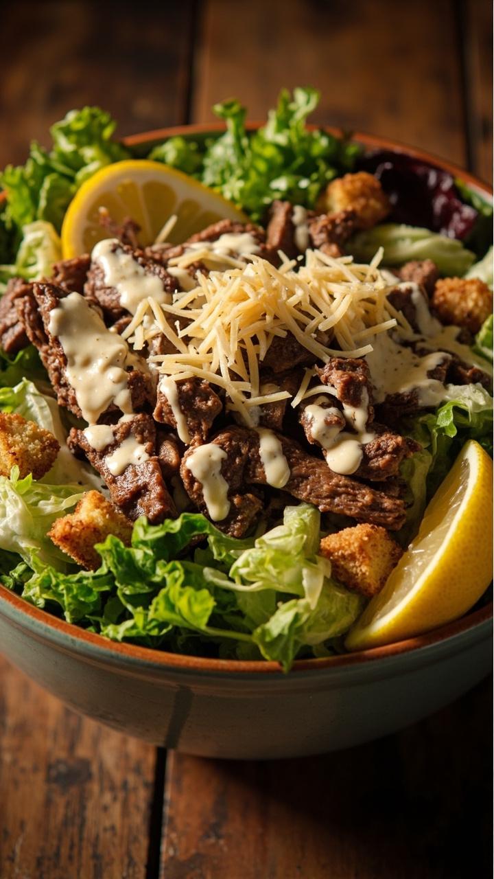 A large ceramic salad bowl brimming with chopped romaine, steak strips, crunchy croutons, shaved Parmesan, and a drizzle of creamy Caesar dressing. Extra lemon wedges sit at the edge.