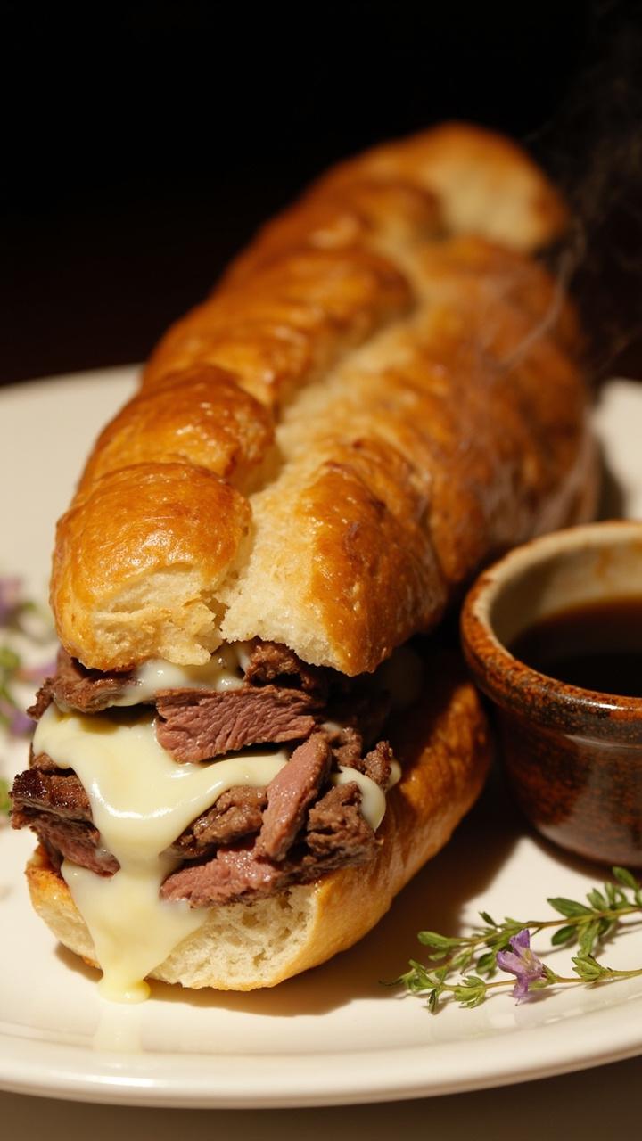 A crusty baguette split and filled with steak slices and melted provolone, cut in half on a white plate. Beside it, a small bowl of steaming au jus for dipping and a scattering of fresh thyme leaves.