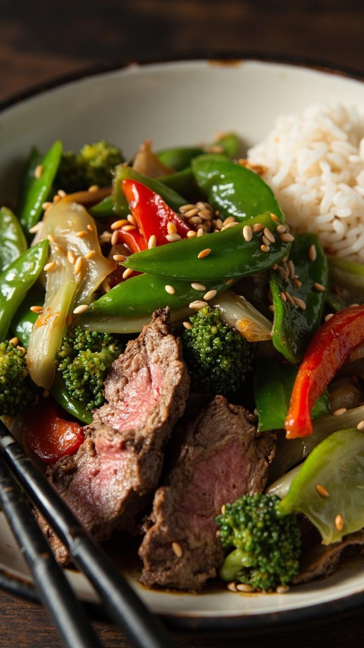 A shallow bowl piled with glossy stir-fried vegetables—broccoli, snow peas, red peppers—and slices of steak, sprinkled with sesame seeds. Steamed jasmine rice sits on the side, with black chopsticks.