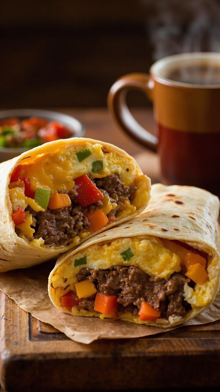 A flour tortilla stuffed with scrambled eggs, steak strips, melted cheddar, and diced peppers, folded tightly and sliced in half. The burritos are stacked on a wooden board, with a side of salsa and a mug of coffee beside.