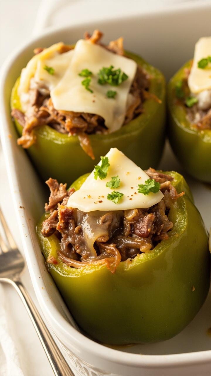 Green bell pepper halves filled with juicy steak strips, caramelized onions, and melted provolone, arranged in a baking dish. Chopped parsley is sprinkled over, and a silver fork rests to the side.