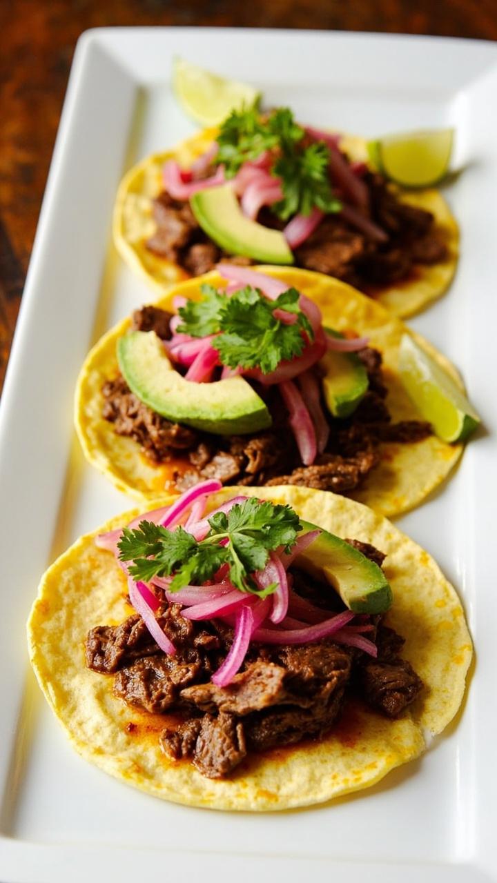 Three corn tortillas on a white plate, each piled with sliced steak, bright pink pickled onions, avocado slices, and fresh cilantro leaves. A lime wedge sits on the side.