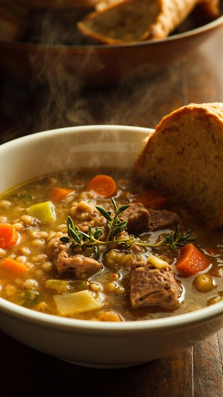 A big white soup bowl filled with golden broth, tender barley, carrot coins, celery slices, and chunks of steak. Fresh thyme leaves float on the surface, and a slice of crusty bread leans against the bowl.