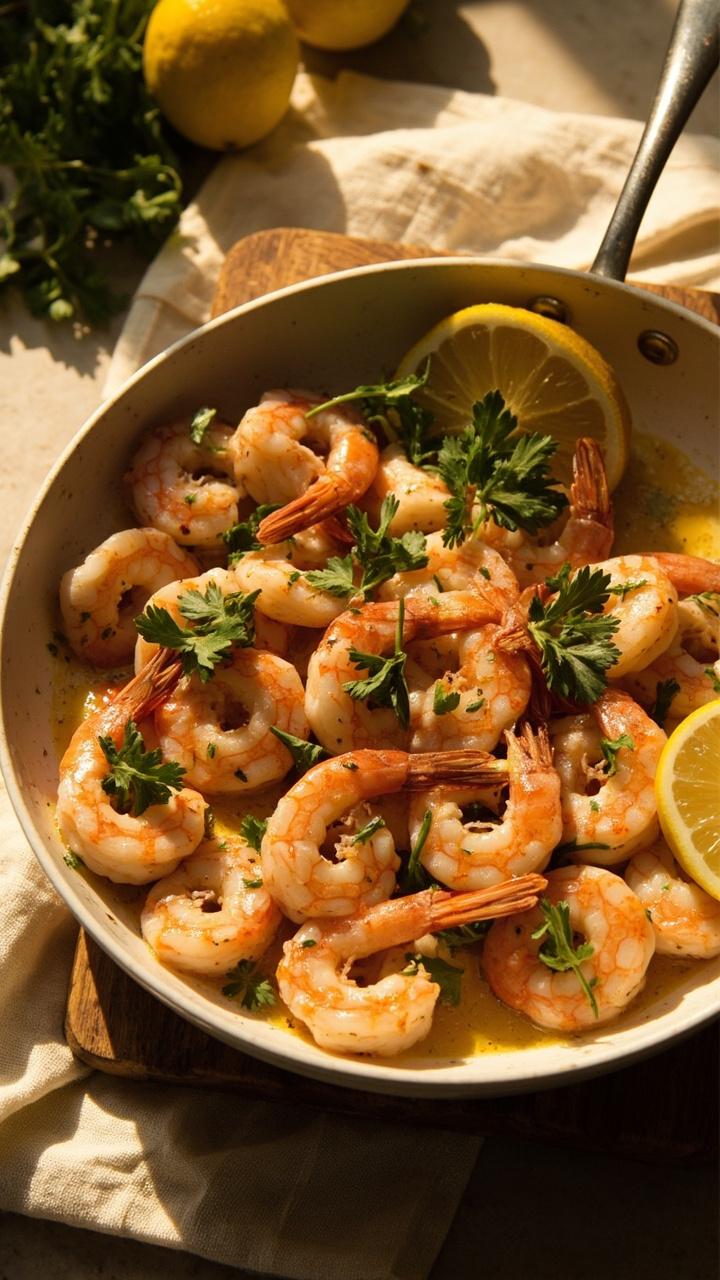 A wide white skillet filled with pink shrimp glistening in a golden garlic-lemon sauce, fresh parsley sprinkled on top, lemon wedges tucked along the rim, and a swirl of olive oil pooling alongside, served on a wood trivet over a linen towel. A wide white skillet filled with pink shrimp glistening in a golden garlic-lemon sauce, fresh parsley sprinkled on top, lemon wedges tucked along the rim, and a swirl of olive oil pooling alongside, served on a wood trivet over a linen towel.