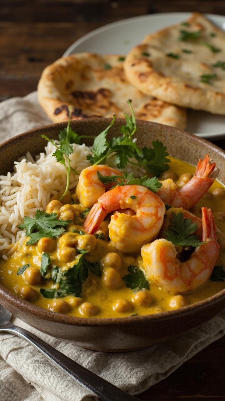A rustic ceramic bowl filled with creamy yellow curry sauce, plump shrimp, and chickpeas, scattered with cilantro leaves and served with steamed basmati rice on the side. Roti bread rests beside the bowl on a linen napkin.