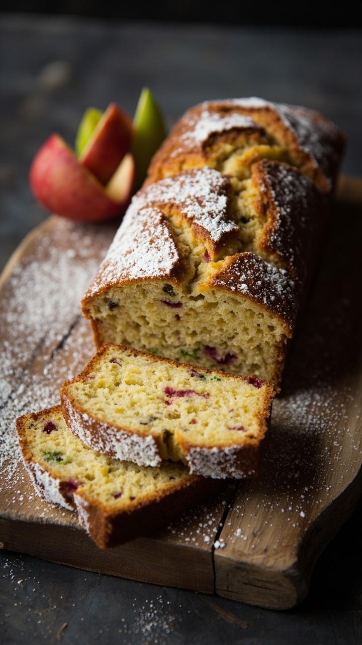 A rustic loaf cake, sliced to reveal a speckled, golden crumb studded with bits of red crab apple and tiny flecks of green cardamom. The cake sits on a wooden board, with a dusting of powdered sugar and apple slices arranged alongside.
