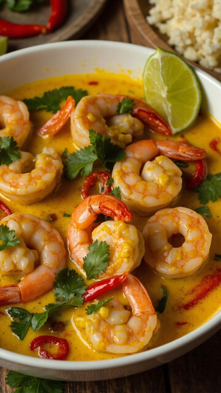 A deep white ceramic bowl filled with saucy shrimp in a creamy, pale yellow coconut curry, slices of red chili and bright green cilantro leaves on top, with a lime wedge perched at the edge and a mound of cauliflower rice on the side. A deep white ceramic bowl filled with saucy shrimp in a creamy, pale yellow coconut curry, slices of red chili and bright green cilantro leaves on top, with a lime wedge perched at the edge and a mound of cauliflower rice on the side.