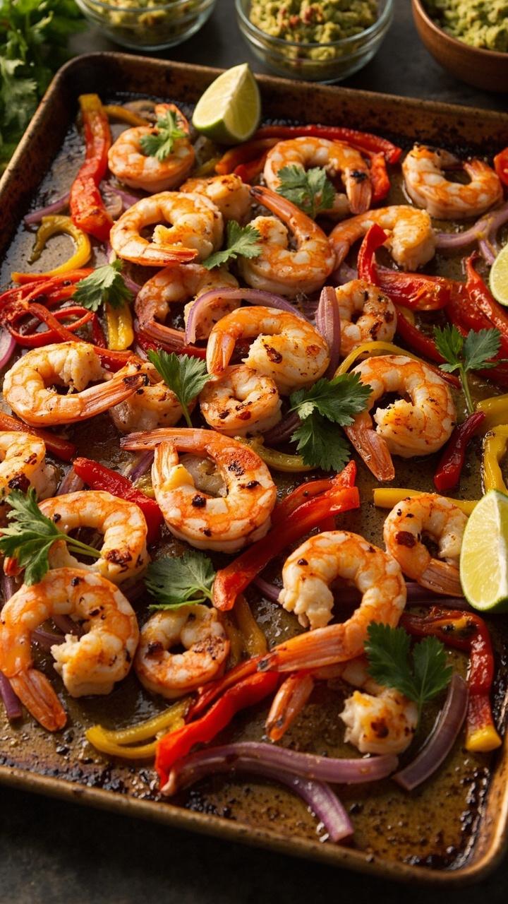 A large sheet pan lined with sizzling shrimp, red and yellow bell pepper strips, and red onion, sprinkled with fresh cilantro, served directly on the pan with lime wedges and small bowls of guacamole nearby. A large sheet pan lined with sizzling shrimp, red and yellow bell pepper strips, and red onion, sprinkled with fresh cilantro, served directly on the pan with lime wedges and small bowls of guacamole nearby.